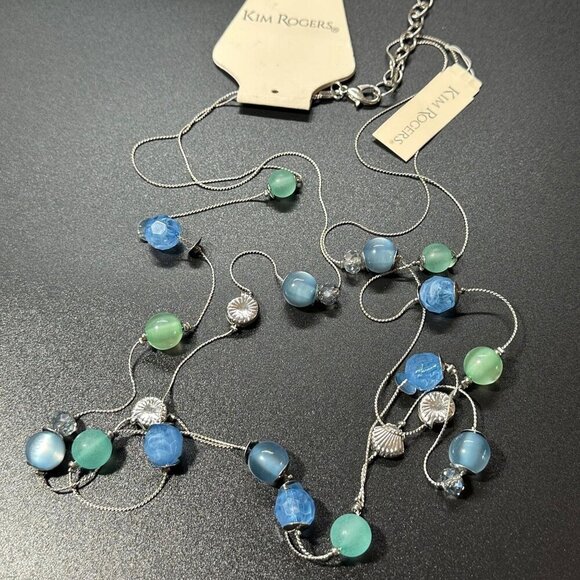 Kim Rogers Necklace Double Strand Silver Tone Blue Green Seashell Beads - Picture 2 of 2